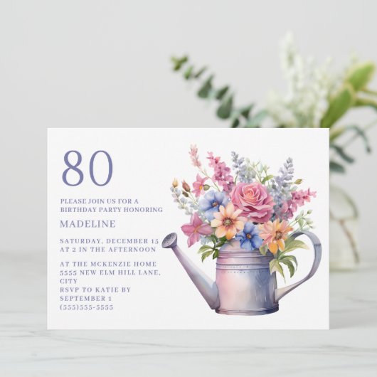 Perzik Paarse Bloemen Watering Can 80th Verjaardag Kaart (Staand voorkant)