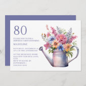 Perzik Paarse Bloemen Watering Can 80th Verjaardag Kaart (Voorkant / Achterkant)