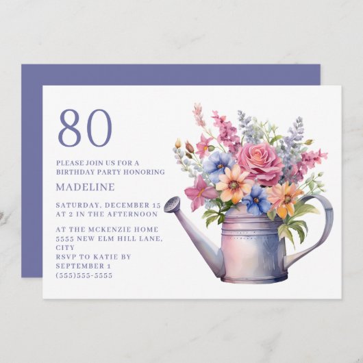 Perzik Paarse Bloemen Watering Can 80th Verjaardag Kaart (Voorkant / Achterkant)