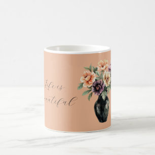 Perzik Paarse Bloemen Zwarte Vaas Koffiemok