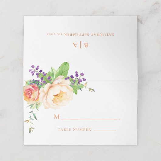 Perzik Paarse Crème Waterverf Floral Monogram Plaatskaartje (Buitenkant ongevouwen)