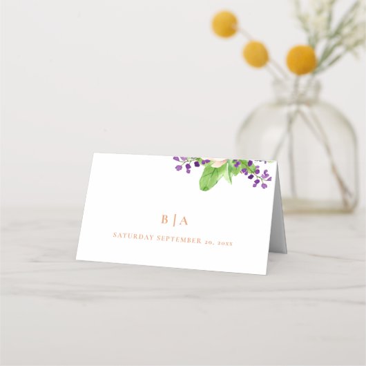 Perzik Paarse Crème Waterverf Floral Monogram Plaatskaartje (Achterkant)