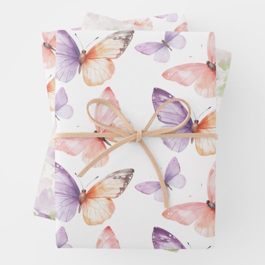 Perzik Paarse Lavendel Vlinders Verjaardag Inpakpapier Vel (In situ)