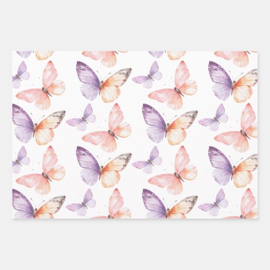 Perzik Paarse Lavendel Vlinders Verjaardag Inpakpapier Vel (Voorkant)
