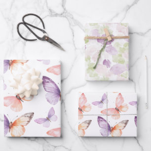 Perzik Paarse Lavendel Vlinders Verjaardag Inpakpapier Vel