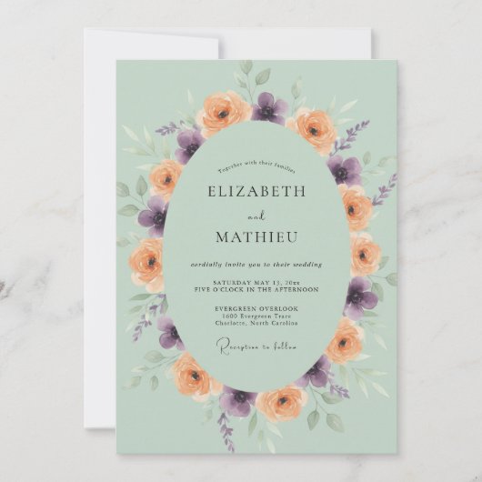 Perzik Paarse Ranunculus Eucalyptus Bruiloft Kaart (Voorkant)