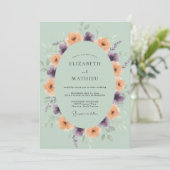 Perzik Paarse Ranunculus Eucalyptus Bruiloft Kaart (Staand voorkant)