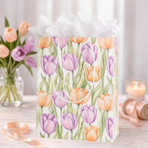 Perzik Paarse Tulp Patroon Elegante Lente Bloemen Medium Cadeauzakje