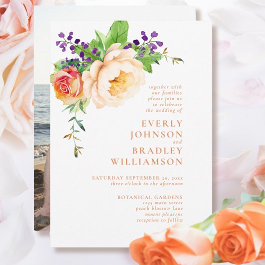 Perzik Paarse Waterverf Bloemen Romantische bruilo Kaart