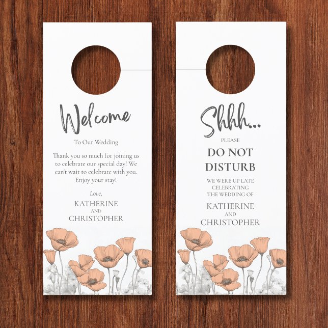 Perzik papavers die de bruiloft niet verstoren deurhanger (Wedding Hotel Peach Poppies Shhh Door Hanger with Custom Welcome Message and Couple Names.
)