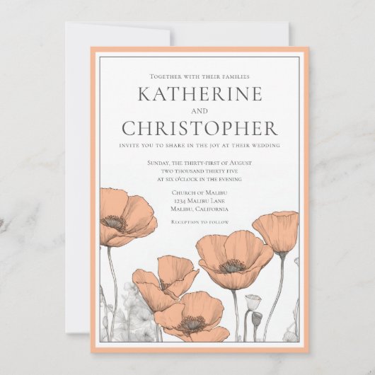 Perzik papavers moderne elegante formele bloemenbr kaart (Voorkant)