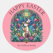 Perzik Pastel Bunny Gardener Glas in lood Ronde Sticker (Voorkant)