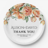Perzik pioen bloemen en typografie bruiloft papieren bordje (Voorkant)