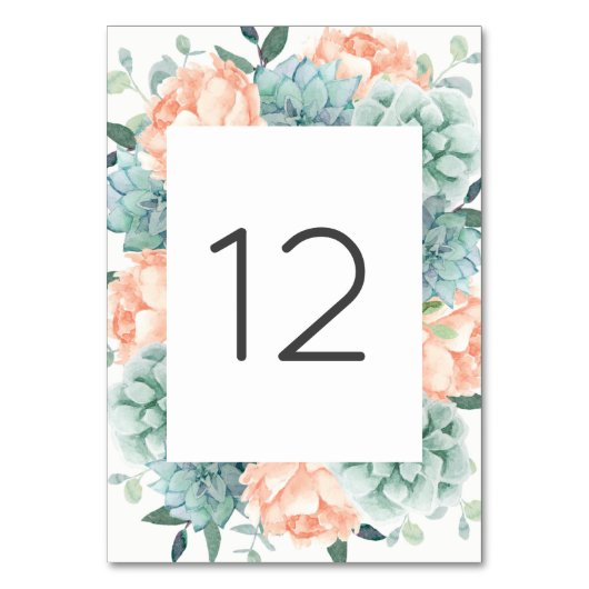 Perzik Pioen Bloemen Succulenten Tafelnummer (Voorkant)