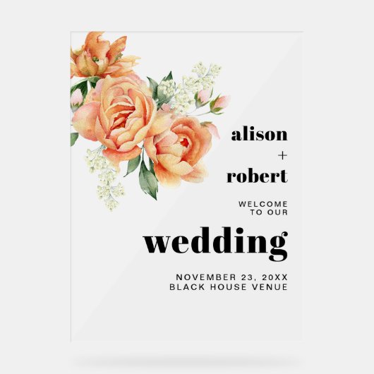 Perzik pioenen en rozen frosted bruiloft WELKOM Acryl Bord (Voorkant)