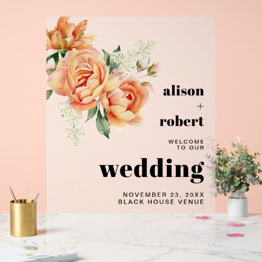 Perzik pioenen en rozen frosted bruiloft WELKOM Acryl Bord (Huwelijk)