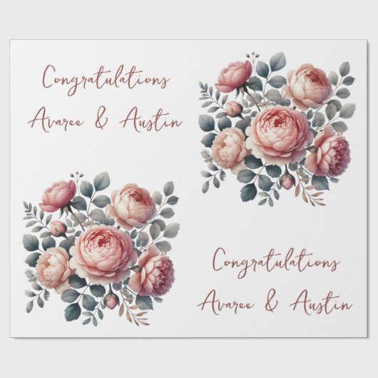 Perzik pioenen op wit gepersonaliseerde bruiloft / cadeaupapier (Vlak)