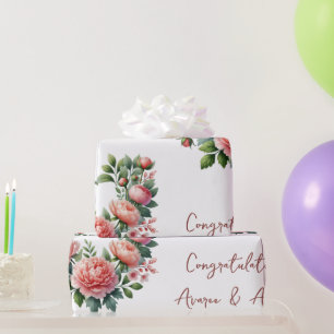 Perzik pioenen op wit gepersonaliseerde bruiloft / cadeaupapier