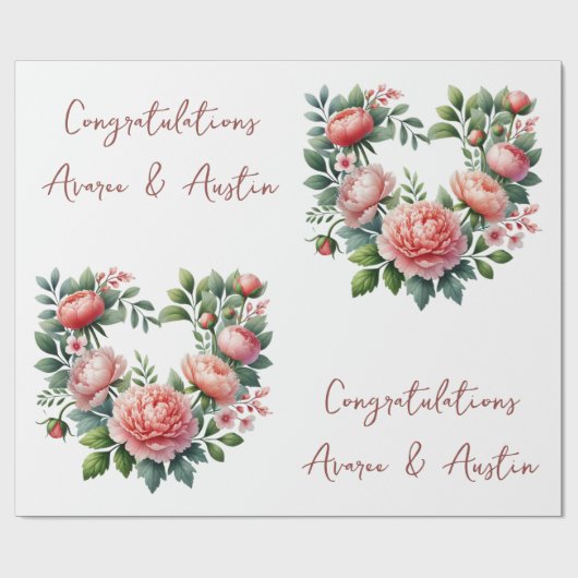 Perzik pioenen op wit gepersonaliseerde bruiloft / cadeaupapier (Vlak)