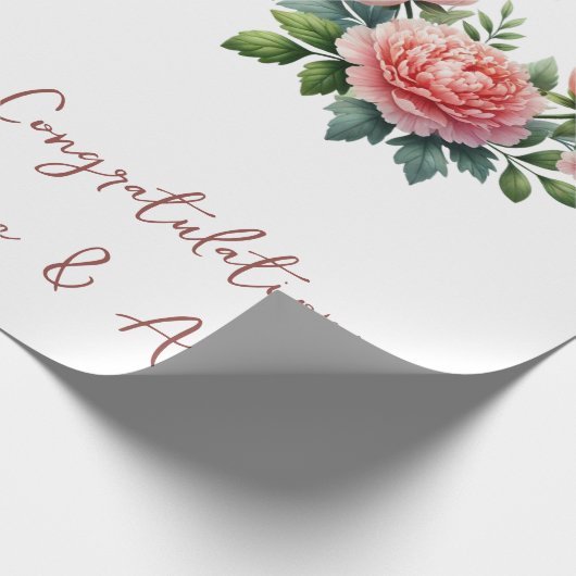 Perzik pioenen op wit gepersonaliseerde bruiloft / cadeaupapier (Hoek)