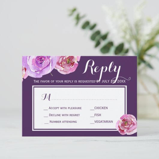 Perzik pioenroos pruim huwelijksmaal keuze RSVP (Staand voorkant)