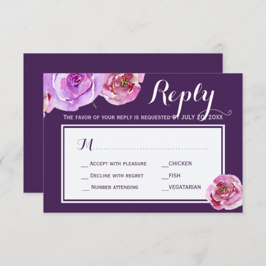 Perzik pioenroos pruim huwelijksmaal keuze RSVP (Voorkant / Achterkant)