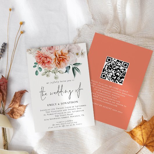 Perzik Pioenrozen Bloemen QR Code Trouwen Kaart