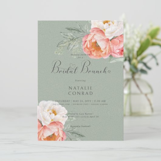  perzik pioenrozen op salie groen bruids brunch kaart (Staand voorkant)