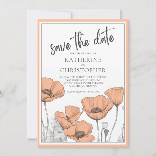 Perzik Poppies Floral Modern Elegant Bruiloft Save The Date (Voorkant)