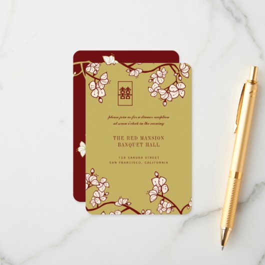 Perzik/pruimenbloesem Rode dubbele geluksontvangst Informatiekaartje (Voorkant / Achterkant in situ)