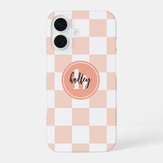 Perzik retrocheck monogram iPhone 16 hoesje (Achterkant)