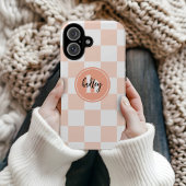 Perzik retrocheck monogram iPhone 16 hoesje