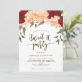 Perzik Rode Bloemen Sweet 16 Party Uitnodiging (Staand voorkant)