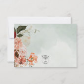 Perzik & Roest Bloemen op Groene Bruiloft RSVP Kaartje (Achterkant)
