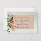 Perzik & Roest Bloemen op Groene Bruiloft Save The Date (Voorkant)