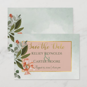 Perzik & Roest Bloemen op Groene Bruiloft Save The Date