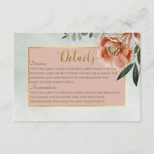 Perzik & Roest Bloemen op Groene Details Bruiloft Informatiekaartje (Voorkant)
