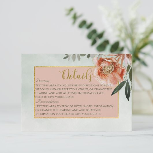 Perzik & Roest Bloemen op Groene Details Bruiloft Informatiekaartje (Staand voorkant)