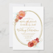 Perzik Rood Gouden Bloemenkrans Trouw Uitnodiging (Voorkant)