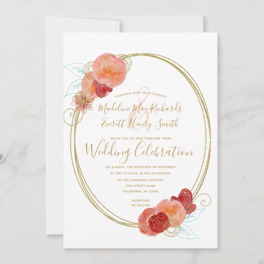 Perzik Rood Gouden Bloemenkrans Trouw Uitnodiging (Voorkant)