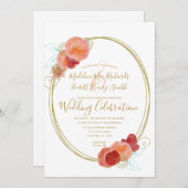 Perzik Rood Gouden Bloemenkrans Trouw Uitnodiging (Voorkant / Achterkant)
