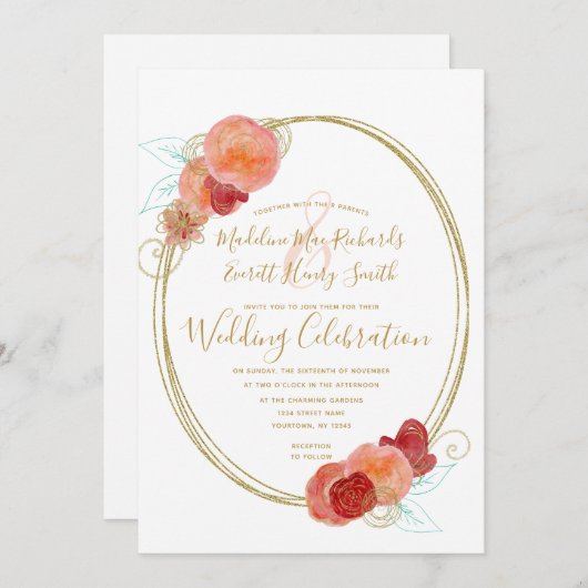 Perzik Rood Gouden Bloemenkrans Trouw Uitnodiging (Voorkant / Achterkant)