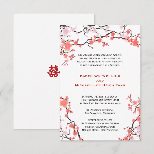Perzik Rood & Roze Kersenbloesem Oosterse Bruiloft Kaart (Voorkant / Achterkant)