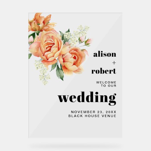 Perzik roos bloemen bloemenbruiloft WELKOM Acryl Bord (Voorkant)