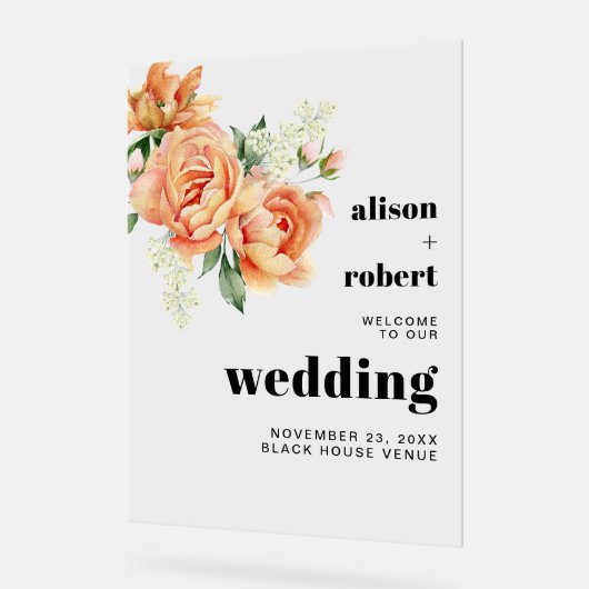 Perzik roos bloemen bloemenbruiloft WELKOM Acryl Bord (Hoek)