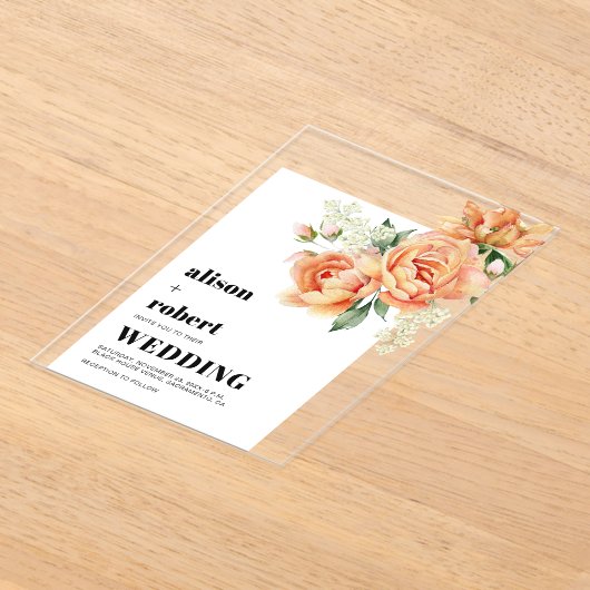 Perzik roos bloemen bloemensalie groen bruiloft acryl uitnodigingen (Laagn)