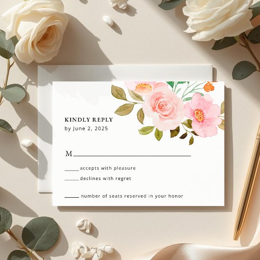 Perzik Roos Bloemen Bruiloft RSVP Kaart