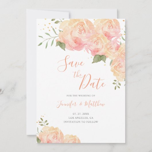 Perzik Roos Bloemenbruiloft Save the Date Kaart (Voorkant)