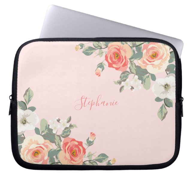 Perzik Roos Blush Roze Bloem Gepersonaliseerd Laptop Sleeve (Voorkant)