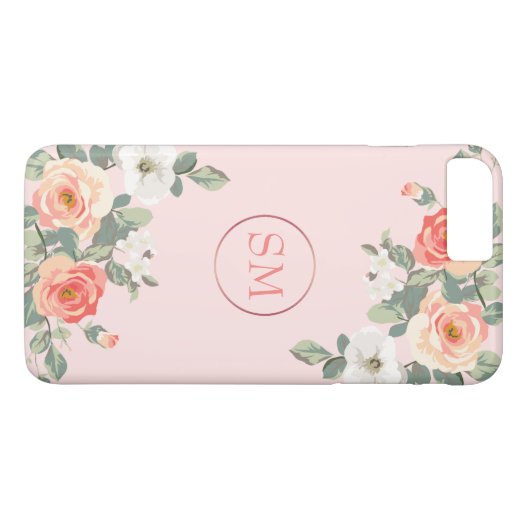Perzik Roos Blush Roze Bloemen Monogram Case-Mate iPhone Case (Achterkant (Horizontaal))